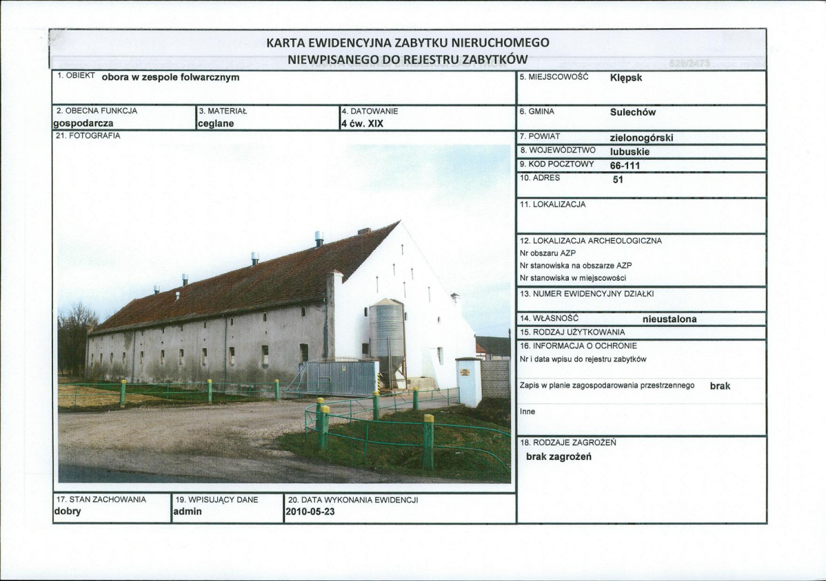 Karta obiektu niewpisanego do rejestru, skan nr 1