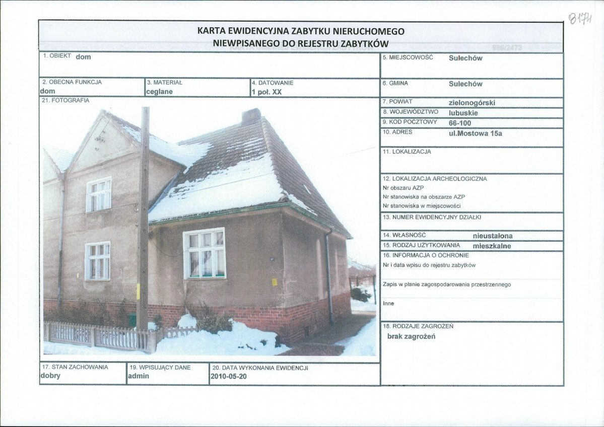 Karta obiektu niewpisanego do rejestru, skan nr 1