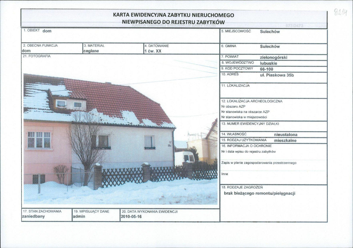 Karta obiektu niewpisanego do rejestru, skan nr 1