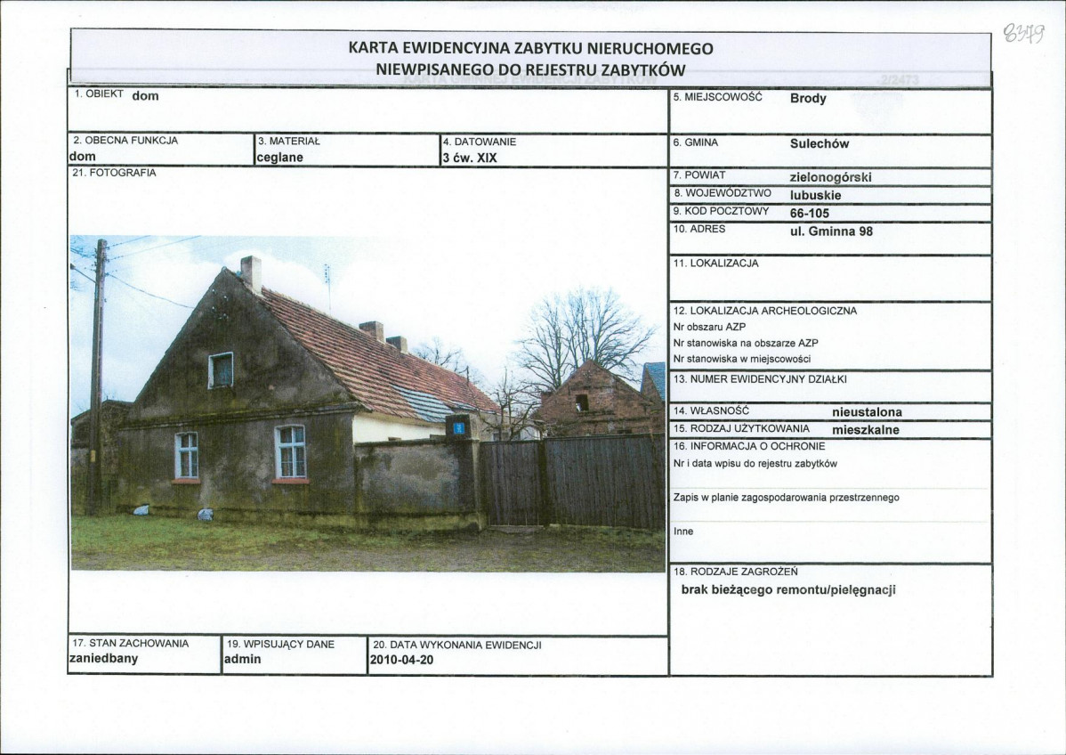 Karta obiektu niewpisanego do rejestru, skan nr 1