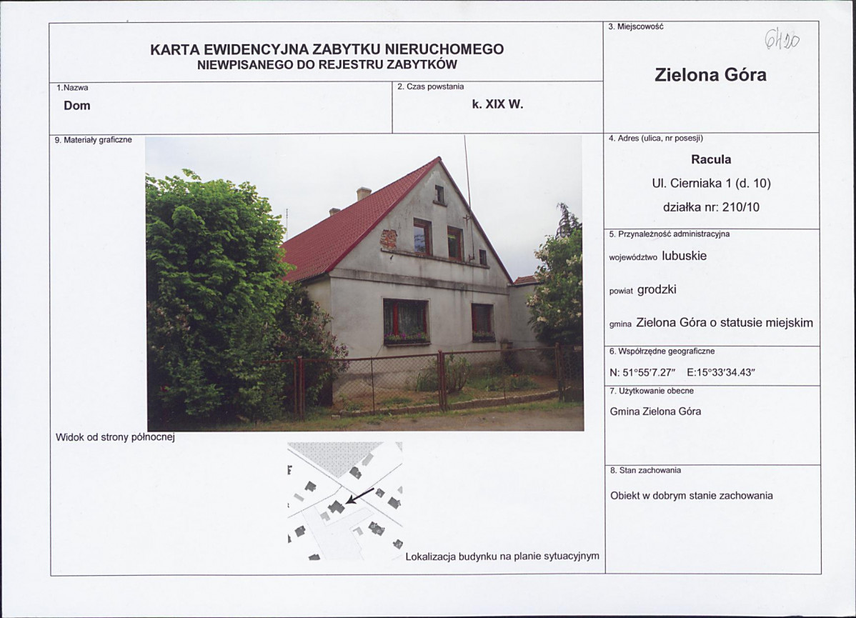 Karta obiektu niewpisanego do rejestru, skan nr 1