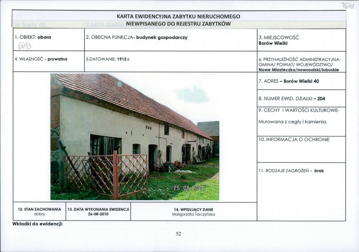 Karta obiektu niewpisanego do rejestru, skan nr 1