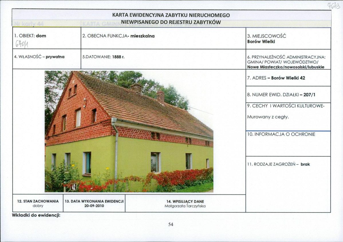Karta obiektu niewpisanego do rejestru, skan nr 1