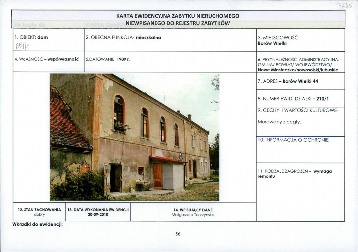 Karta obiektu niewpisanego do rejestru, skan nr 1