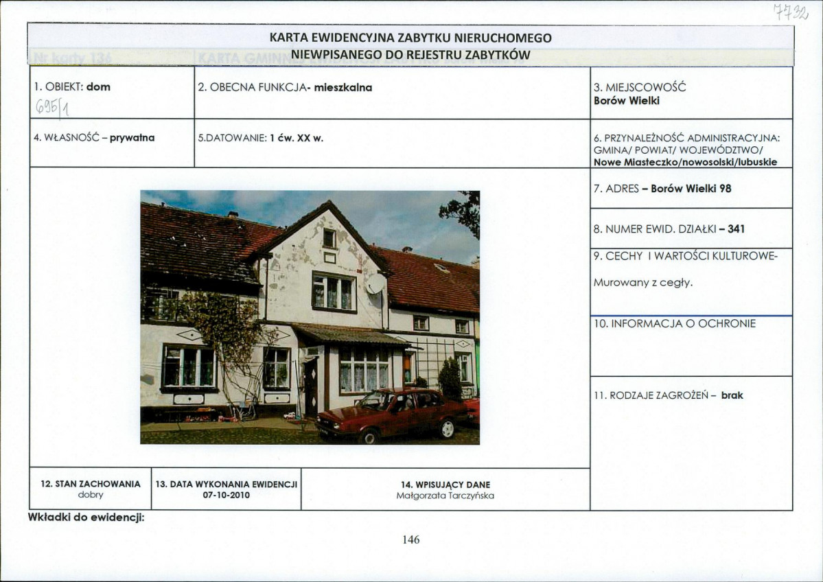 Karta obiektu niewpisanego do rejestru, skan nr 1