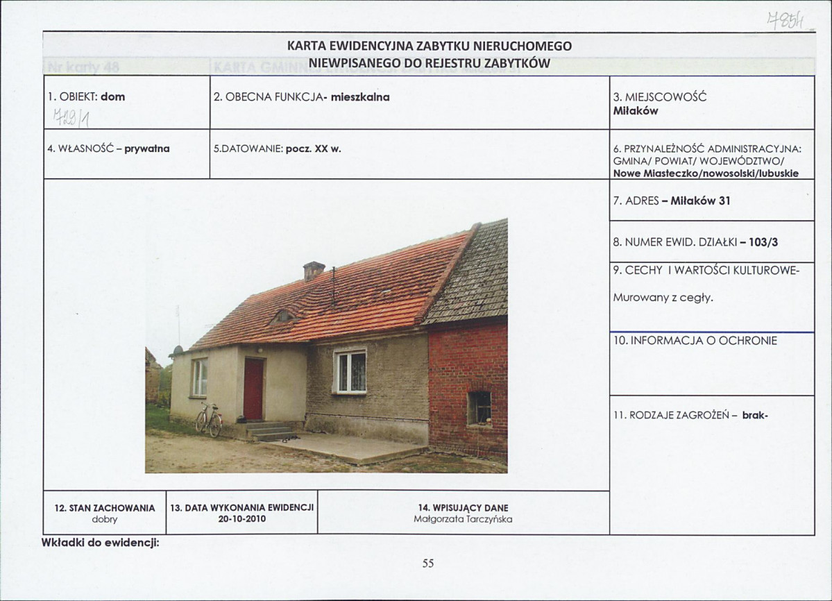 Karta obiektu niewpisanego do rejestru, skan nr 1