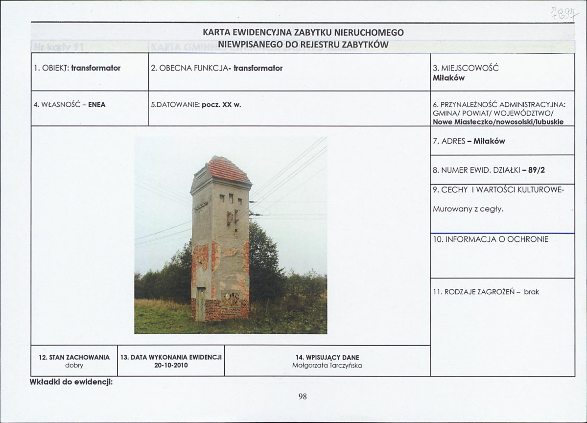 Karta obiektu niewpisanego do rejestru, skan nr 1