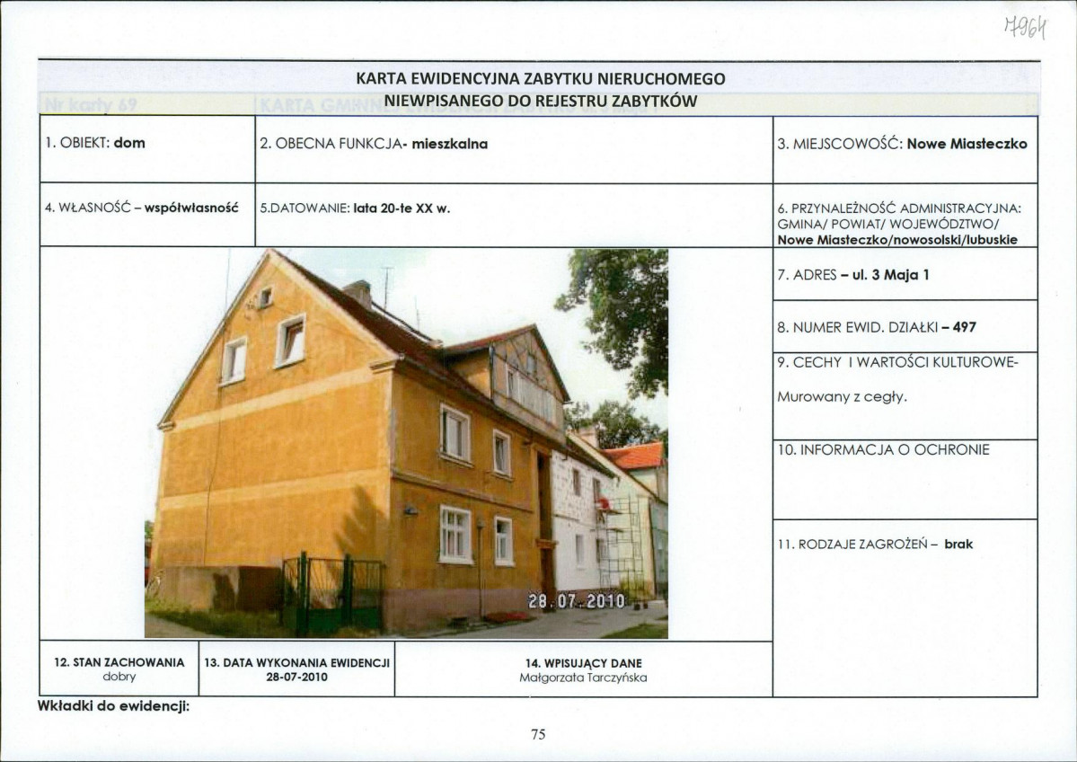 Karta obiektu niewpisanego do rejestru, skan nr 1