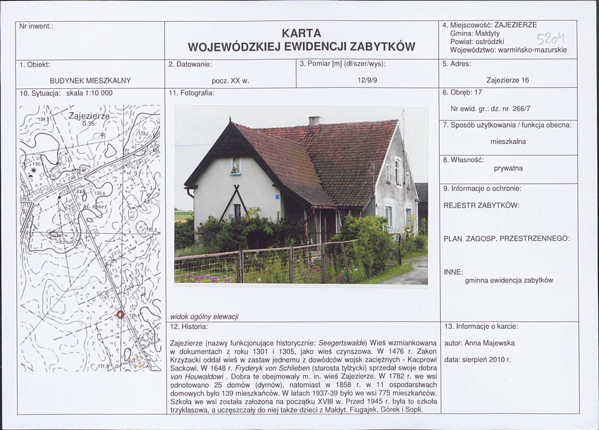 Karta obiektu niewpisanego do rejestru, skan nr 1