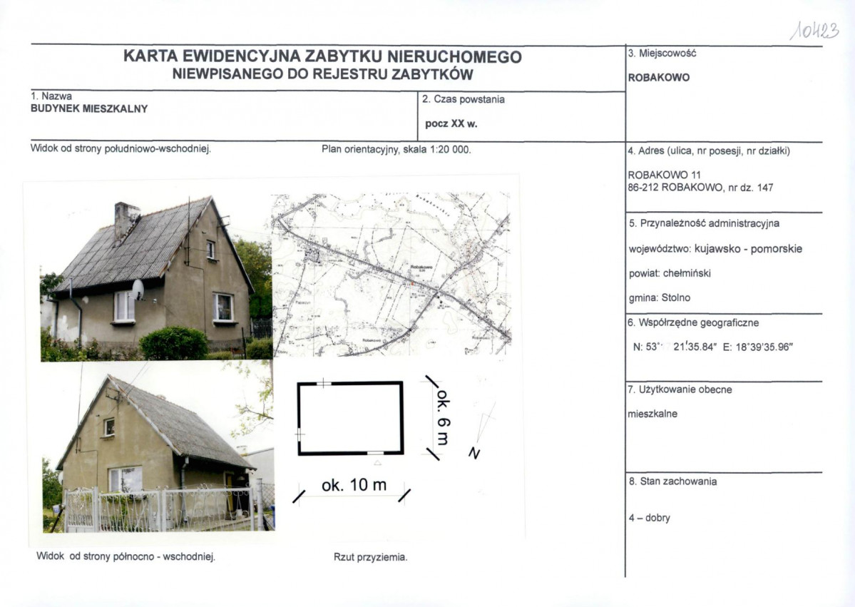 Karta obiektu niewpisanego do rejestru, skan nr 1