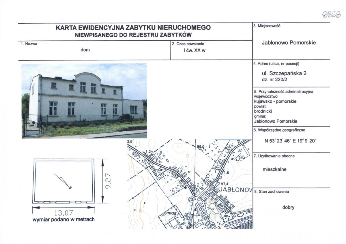 Karta obiektu niewpisanego do rejestru, skan nr 1