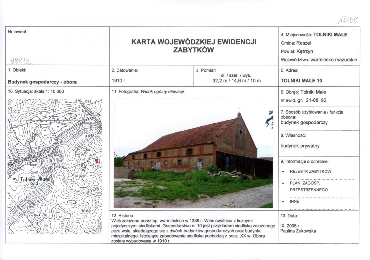 Karta obiektu niewpisanego do rejestru, skan nr 1