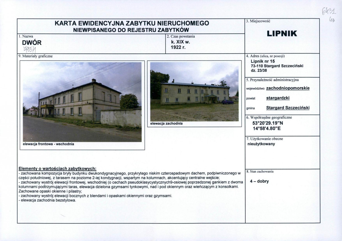 Karta obiektu niewpisanego do rejestru, skan nr 1